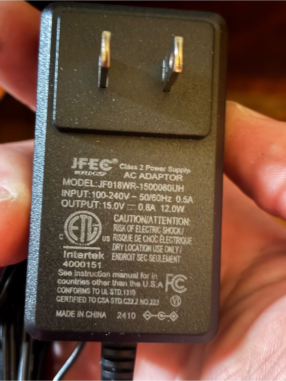Black AC Adapter - 15V 0.8A Power Supply